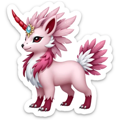 Floral feathery pastel pink and ruby-jewelry-adorned Absol-Amaura-fusion-Fakemon-animal-creature  sticker