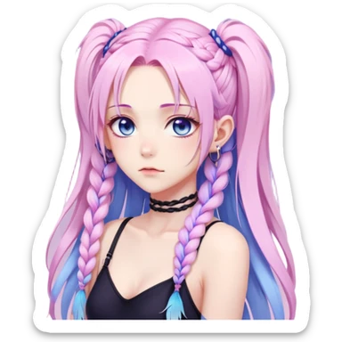 Gorgeous beautiful pretty grumpy anime lady long-pale-whitish-pastel-pink-hair with one braid on each side, hanging gradient-purple-pink feather-ear-cuffs in hair, black bodysuit, blue eyes, pink iris, ethereal, fashion aesthetic  sticker