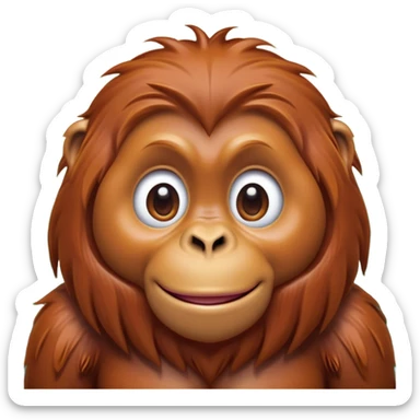 Cinematic Cute Orangutan Portrait Emoji, Head tilted playfully and inquisitively, with a gentle, expressive face accented by soft, flowing fur and round, sparkling eyes brimming with warmth, Simplified yet irresistibly adorable features, highly detailed, glowing with a warm, friendly glow, high shine, affectionate and lively, stylized with a touch of jungle whimsy, bright and endearing, soft glowing outline, capturing the essence of a mischievous yet loving orangutan that seems as if it could swing out of the screen into your arms! sticker