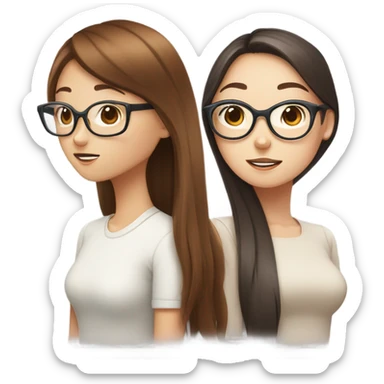 One white girl with straight reddish brown hair gossiping with a korean girl with long straight girl and circle frame glasses sticker