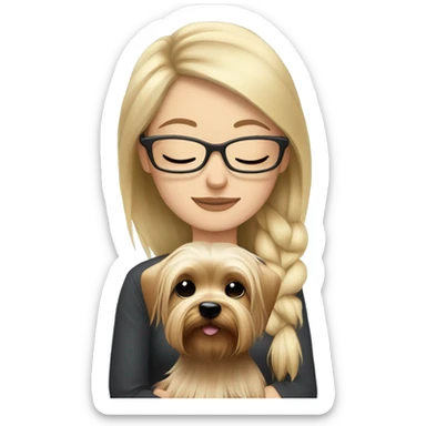 White girl, blonde hair, eyes closed, wearing glasses hugs Yorkshire terrier  sticker