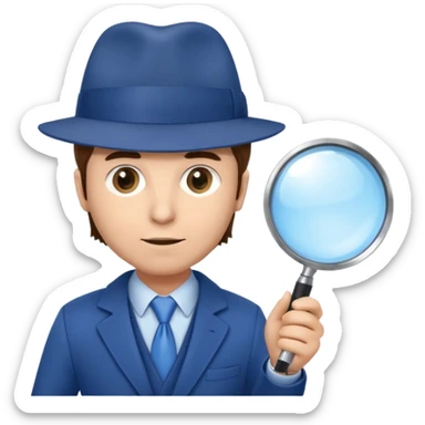 detective in blue suit and blue hat brown hair white skin with big mangifier in his hand looking trough the magifier sticker