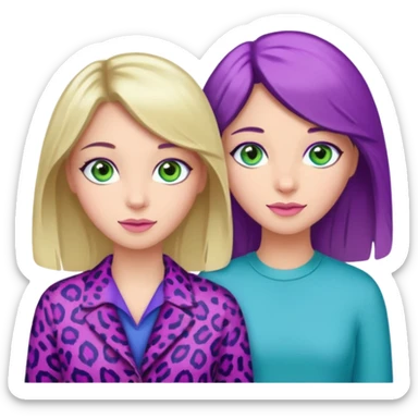 I want a brunette girl who really likes pink and leopard print, another blonde with blue eyes who likes blue, and another with light brown hair, green eyes, and purple and green colors. All together.   sticker