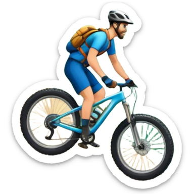 An icon featuring a forest trail or rocky mountain road. The background shows dense trees, steep slopes, and distant peaks under a clear blue sky with mountain bike with wide tires, positioned on  Transparent background highlights the thrill and rugged beauty of mountain biking. sticker