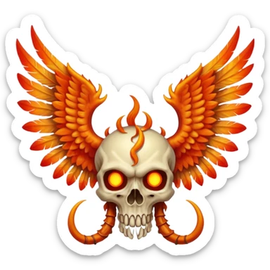 Skeletal skull-faced feathery fiery winged horned creature, full body sticker