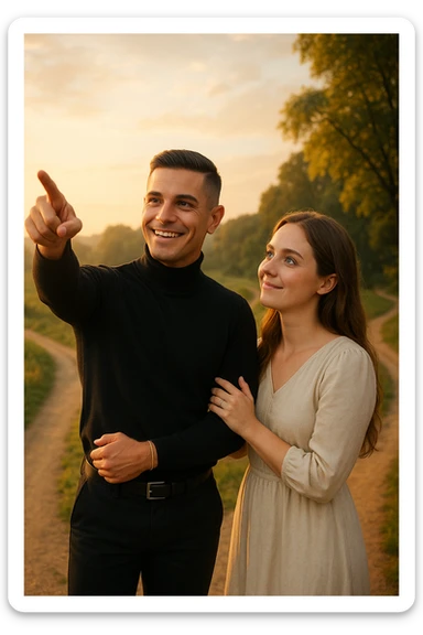 a couple stands at a crossroads, the man pointing confidently toward a direction while the woman looks at him with trust and optimism. Both are illuminated by soft, uplifting light, representing faith in each other’s strengths and the positive outcomes of working together. sticker