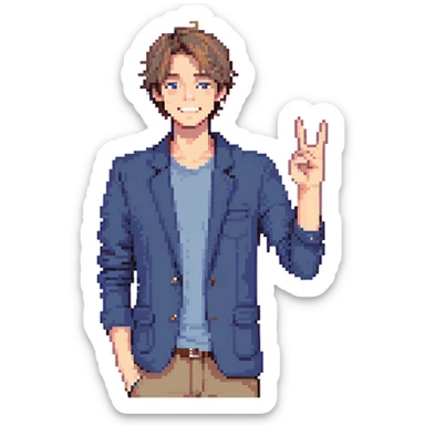 Flat pixel are, lively and clever male debater, fair skin, short messy light brown hair, sharp eyes with a mischievous smile, wearing indigo blazer over a casual t-shirt, one hand raised mid-gesture, waist-up, front-facing sticker