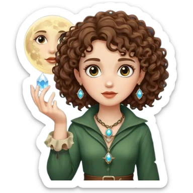 forest rogue woman short tight curly brown hair holding moon crystal sticker