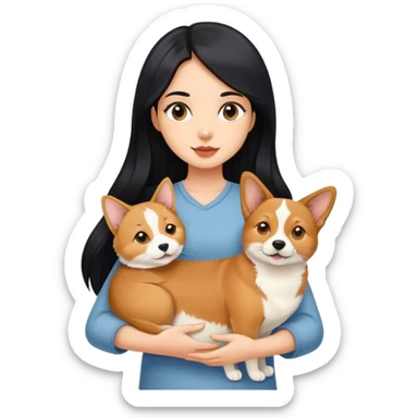 The girl with long black hair holding a corgi and a Abyssinian cat sticker