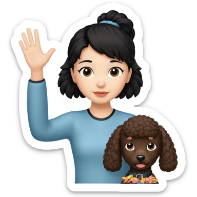 Ponytail black hair girl with brown Poodle say goodbye  sticker