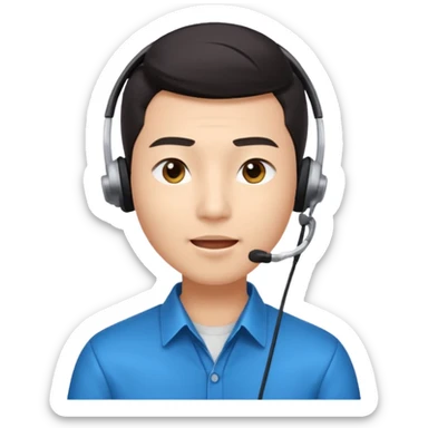 A young Asian man with smooth light skin, dark hair that swoops upward in the front, expressive eyes, a clean-shaven face, and a call-center style headset over one ear, flamboyent  sticker