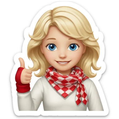Blonde Girl Model, Blue Eyes, wavy hair, smiling, thumbs up, wearing red Checkered Triangle scarf, white dress sticker