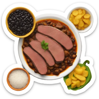 A plate with cooked meat in sauce , rice and fry plantains and black beans sticker