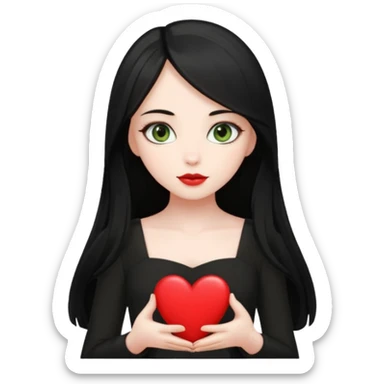 Pale girl with long black hair and olive green eyes wearing black dress and holding a heart sticker