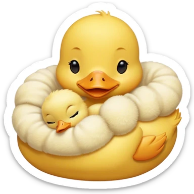 Meme-Worthy Cute Sleeping Yellow Baby Duck Portrait Emoji, Head resting peacefully with a contented smile, showcasing a delightfully tiny build and a luxuriously soft bright yellow downy coat, eyes shut in a serene, restful nap, Simplified yet hilariously adorable features, highly detailed, glowing with a soft, drowsy light, high shine, relaxed and utterly lovable, stylized with an air of playful laziness, bright and heartwarming, soft glowing outline, capturing the essence of a comically sleepy duckling, so meme-worthy it feels like it could instantly become the next viral sensation of adorable slumber! sticker