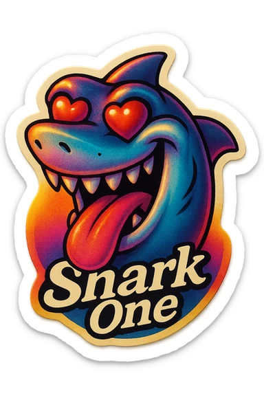 mouth open with tongue out heart shaped eye add the words “ Shark One " in White sticker