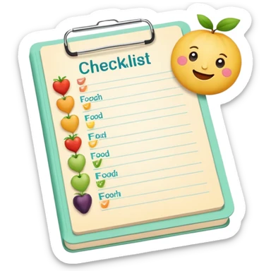 Emoji of checklist notebook with healthy food icons, nutrition planning, flat minimal emoji, pastel colors sticker