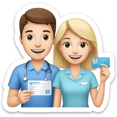 a cheerful young man and woman, carrying a dental appointment card, going to the dentist sticker
