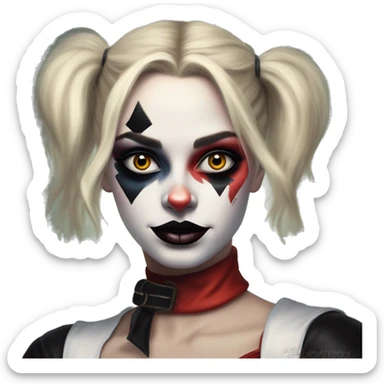 Dalahäst in Harley Quinn style, oil paint, mysterious eyes, intricate lips, masterpiece portrait, odd perspective, beautiful, desirable, logical sticker