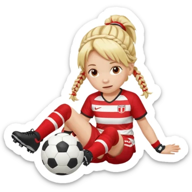 Chica de pelo rubio tirada en el suelo boca abajo agarrando un balón con las manos vestida con una equipación de color rojo y blanco con líneas y con unas botas de tacos de fútbol, con un bucal en la boca y el pelo con trenzas sticker