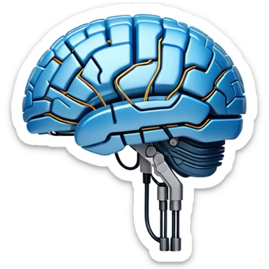 A translucent brain made of glowing circuits and light, seamlessly connected to a sleek mechanical arm. The design represents an autonomous AI that thinks and acts on its own, with subtle digital pulses flowing through it. Futuristic and minimalistic sticker