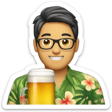 Japanese wearing glasses alohashirt is holding beer sticker