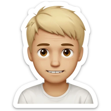 Male with short, messy blonde hair, large expressive golden-brown eyes, light brown skin, subtle facial bruises and scratches, crooked smile showing slightly damaged teeth, wearing a plain white t-shirt, friendly but creepy expression. sticker