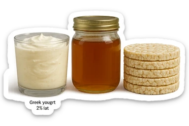 Yogurt Greco 2%
Miele (senza il cucchiaio di legno)
Gallette di Riso
vista frontale, iperrealistico 4k sticker