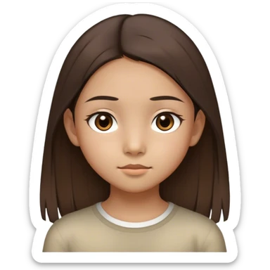 A thin 10-year-old Asian girl with straight brown hair below her shoulders, two distinctly light strands framing her face, large dark brown eyes, olive skin, and light brown, not narrow eyebrows. sticker