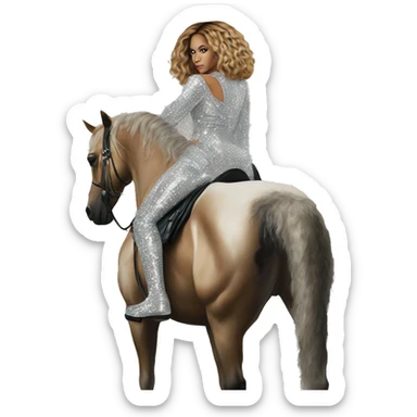 beyonce wearing silver crystal leopard sitting on silver sparkly horse renaissance album cover sticker