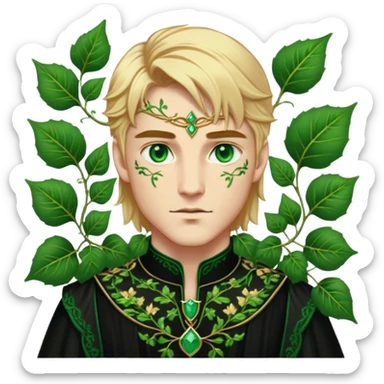 A golden-haired High Fae male with striking emerald-green eyes, his features sharp and aristocratic. He wears a deep black tunic embroidered with green ivy-like patterns, symbolizing his connection to nature. Though his broad frame and strong jawline exude power, there is a weight behind his eyes—something restrained, something broken. sticker