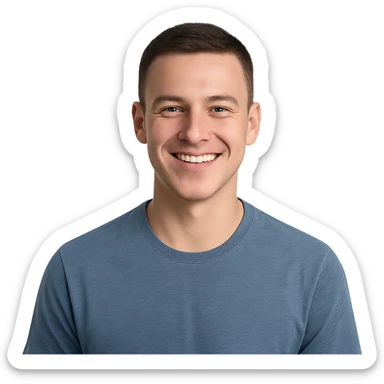 young man with short haircut, smiling sticker