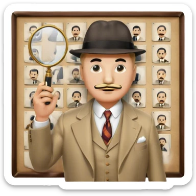 A cinematic-style frame showing Hercule Poirot in his iconic suit with a magnifying glass in a dramatic detective pose. Background should be mysterious city, a board with photos of suspects, clues like fingerprints. Transparent background. sticker