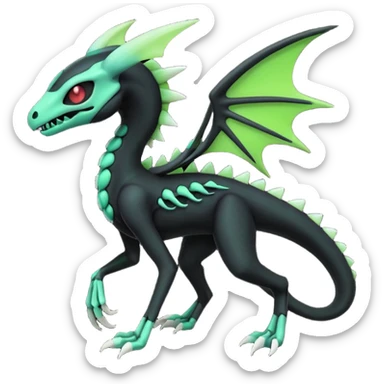 Obsidian-black and neon-glowing-green skeletal Meloetta-Salandit-Gorebyss-Salazzle-Pokémon-Fakémon-creature-fusion-hybrid sticker