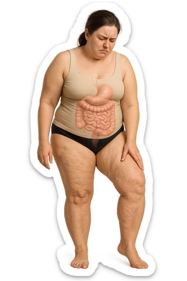 DONNA REALISTICA A FIGURA INTERA CON CELLULITE E GAMBE PESANTI E DOLORANTI, INTESTINO ANATOMICO IN EVIDENZA, CELLULITE VISIBILE, SI TOCCA LA GAMBA CON ESPRESSIONE DI FASTIDIO IN VOLTO, IPERREALISTICA 4K sticker