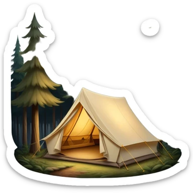 Cinematic Realistic Tent, a sturdy canvas tent nestled among tall trees, warm golden light spilling from inside, gentle folds in the fabric visible, glowing against the cool, dark forest backdrop, evoking a sense of adventure and comfort. sticker