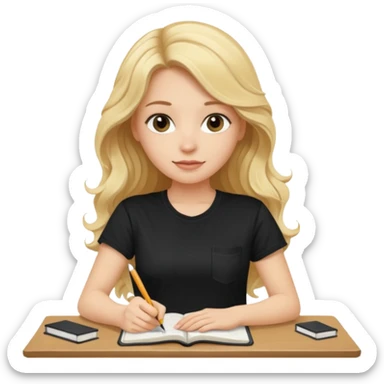 A beautiful blonde with long wavy hair in a black T-shirt sits and writes in a diary with a pen. sticker