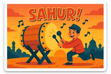 traditional Indonesian bedug drum being played at dawn, with musical notes and the word 'Sahur', festive and energetic, cartoon style sticker