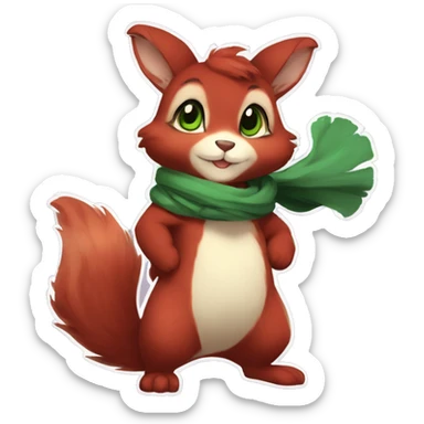 Cute, Chibi, chubby, fluffy, Kemono-style, Anthro, Fur-Sona, Dark-Red, Squirrel-Rabbit-hybrid-Fakémon, with a green scarf, full body sticker