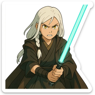  a closeup portrait of young woman with gold yellow eyes, white hair, long braid, black off-shoulder top, punk gothic style, futuristic cyberwave cyberpunk,  jedi attire and posture robes of a padawan, foreweilding a bright blue-green lightsaber, angry fierce face expression, power stance, 30-90 sticker