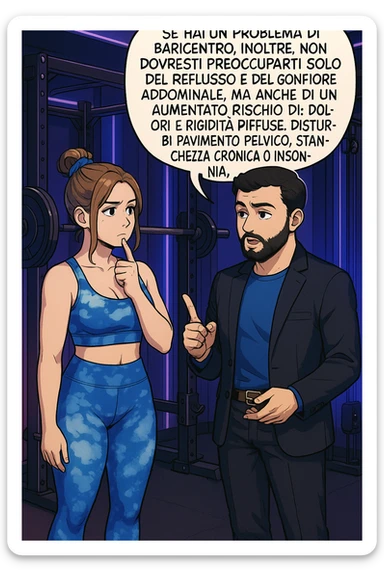TRASFORMA QUESTO CAROSELLO IN UN FUMETTO STILE WEBTOON/MANGA A COLORI CON QUESTE DUE PERSONE IDENTICHE CHE INTERLOQUISCONO TRA LORO, L'uomo sta spiegando alla donna questo concetto MENTRE LA DONNA SI TIENE L'INDICE SUL MENTO ASCOLTANDOLO PENSIEROSA:

Se hai un problema di baricentro, inoltre, non dovresti preoccuparti solo del reflusso e del gonfiore addominale, ma anche di un aumentato rischio di:
    • dolori e rigidità diffuse
    • disturbi pavimento pelvico
    • stanchezza cronica o insonnia
    • inestetismi visibili, come celluluite
    • etc… sticker