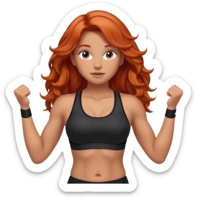 Athletic girl with long light red wavy hair and smaller boobs bigger arms. middle part and black sports bra, long hair, show stomach sticker