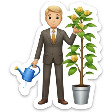 Businessman in suit watering a money tree with growing coins and dollar signs sticker