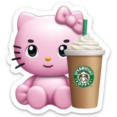 hello kitty in baby pink color holding a starbucks cup sticker
