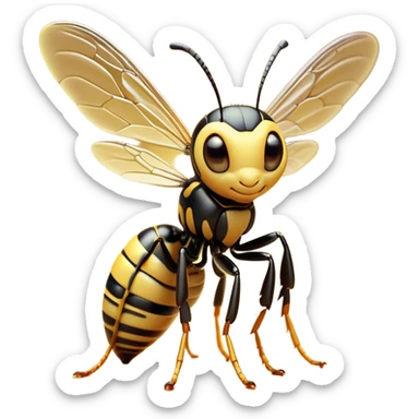 Cinematic Cute Wasp Portrait Emoji, Head tilted playfully and inquisitively, featuring a compact, delicately striped body with softened, endearing eyes and petite, translucent wings, Simplified yet irresistibly adorable features, highly detailed, glowing with a warm, inviting glow, high shine, affectionate and lively, stylized with a touch of whimsical insect charm, soft glowing outline, capturing the essence of a mischievous wasp that seems as if it could buzz out of the screen with a playful wink! sticker