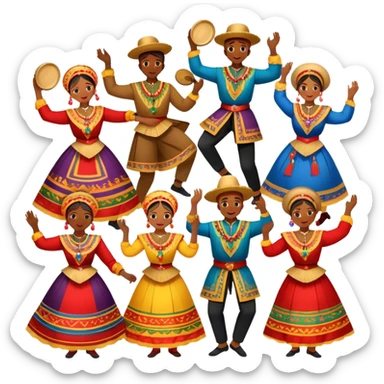 Icon for Folk Dance: a group of men and women performing a national dance in vibrant traditional costumes, with some holding castanets and tambourines. The icon should capture the festive and cultural energy of folk dance. Transparent background. sticker