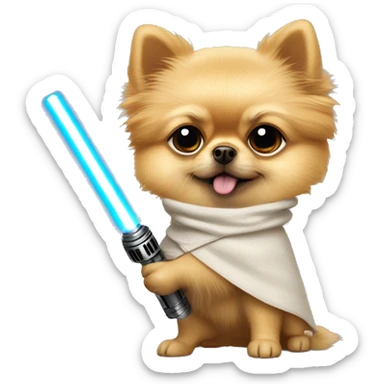 Pomeranian dressed as Luke Skywalker holding a lightsaber sticker