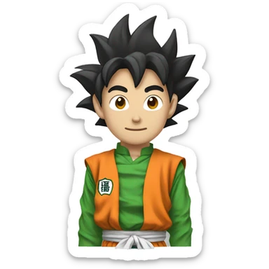 goku wearing a shirt with white and green vertical stripes and a triangular badge sticker
