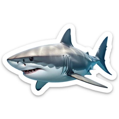 Beautiful and Majestic Great White Shark Portrait Emoji, Head and body resting peacefully with a serene, confident expression, showcasing its robust, torpedo-shaped form and a subtle, regal glint in its eyes, Simplified yet exquisitely endearing features, highly detailed, glowing with a soft, drowsy ocean light, high shine, relaxed and utterly majestic, stylized with an air of marine splendor, soft glowing outline, capturing the essence of a beautiful and majestic great white shark that feels destined to become the next viral icon of awe-inspiring ocean beauty! sticker