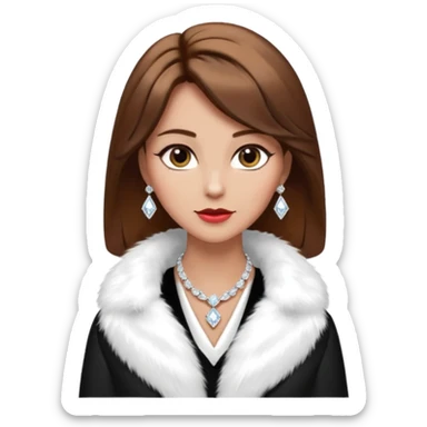 * Character: A stylish lady,brown hair
* ﻿﻿Clothing: A luxurious white fur coat
* ﻿﻿Accessories: A dazzling diamond necklace
* ﻿﻿Expression: Confident, elegant, maybe slightly glamorous
* ﻿﻿Pose: Head slightly tilted or a poised posture
* ﻿﻿Style: Emoji-like, simple but expressive sticker
